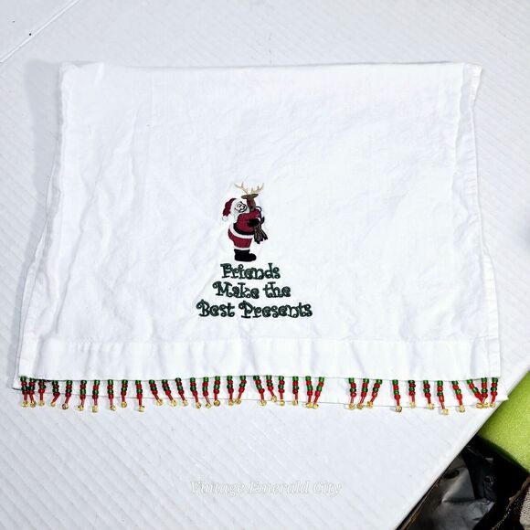 Christmas Stitched Hand Towel Friends Make The Best Presents Santa Rudolf Beaded - Picture 10 of 12